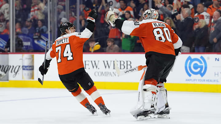 Apr 5, 2026; Philadelphia, Pennsylvania, USA; Philadelphia Flyers right wing Owen Tippett (74) celebrates with goalie Dan Vladar (80) after the game against the Boston Bruins at Xfinity Mobile Arena. Apr 5, 2026; Philadelphia, Pennsylvania, USA; Philadelphia Flyers right wing Owen Tippett (74) celebrates with goalie Dan Vladar (80) after the game against the Boston Bruins at Xfinity Mobile Arena.