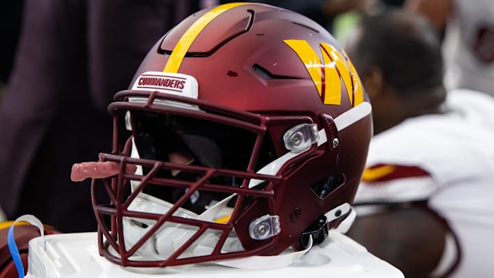 Sep 29, 2024; Glendale, Arizona, USA; Detailed view of a Washington Commanders helmet at State Farm Stadium. Mandatory Credit: Mark J. Rebilas-Imagn Images