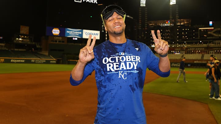 Sep 27, 2024; Atlanta, Georgia, USA; Kansas City Royals first baseman Yuli Gurriel (18) celebrates after clinching a wild card playoff birth after a game against the Atlanta Braves at Truist Park.