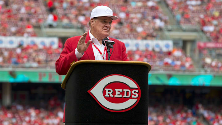 Cincinnati Reds hall of famer Pete Rose speaks during a pregame ceremony for the unveiling of Pete Rose's bronze statue being installed outside the stadium before the MLB National League game between the Cincinnati Reds and the Los Angeles Dodgers at Great American Ball Park in downtown Cincinnati on Saturday, June 17, 2017. Cincinnati Reds hall of famer Pete Rose speaks during a pregame ceremony for the unveiling of Pete Rose's bronze statue being installed outside the stadium before the MLB National League game between the Cincinnati Reds and the Los Angeles Dodgers at Great American Ball Park in downtown Cincinnati on Saturday, June 17, 2017.