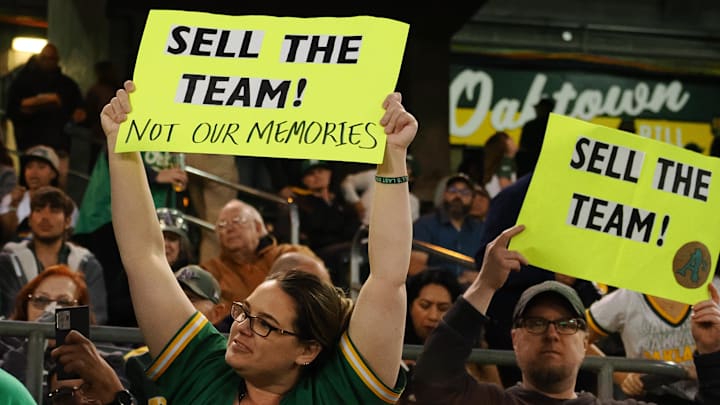 Apr 28, 2023; Oakland, California, USA; An Oakland Athletics fan holds a sign during the sixth inning against the Cincinnati Reds at Oakland Coliseum. Mandatory Credit: Kelley L Cox-Imagn Images Apr 28, 2023; Oakland, California, USA; An Oakland Athletics fan holds a sign during the sixth inning against the Cincinnati Reds at Oakland Coliseum. Mandatory Credit: Kelley L Cox-Imagn Images