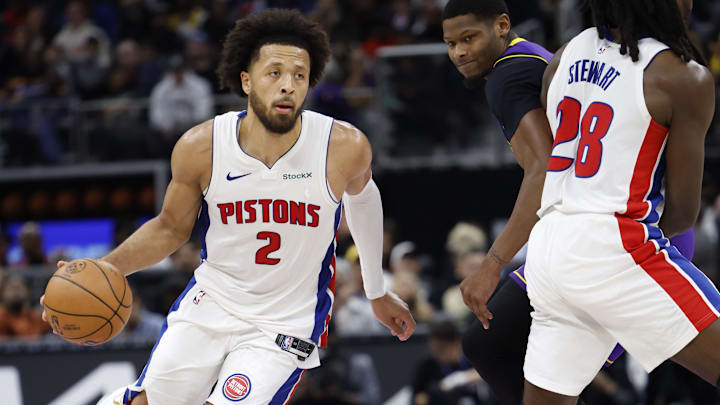 Nov 4, 2024; Detroit, Michigan, USA;  Detroit Pistons guard Cade Cunningham (2) dribbles in the second half against the Los Angeles Lakers at Little Caesars Arena. Mandatory Credit: Rick Osentoski-Imagn Images