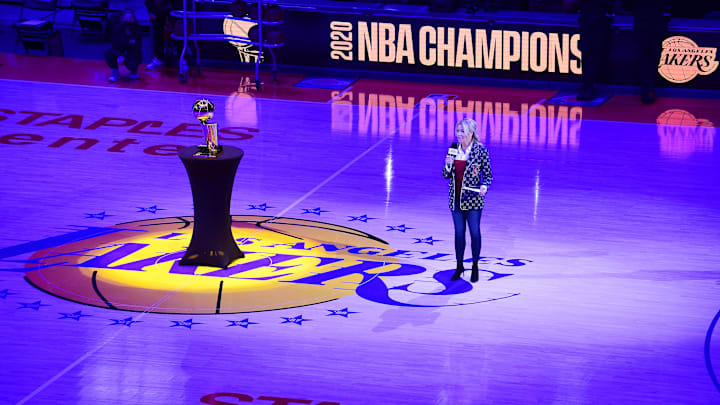May 12, 2021; Los Angeles, California, USA; Los Angeles Lakers president Jeanie Buss speaks before the reveal of the 2020 champions banner at Staples Center. Mandatory Credit: Gary A. Vasquez-Imagn Images