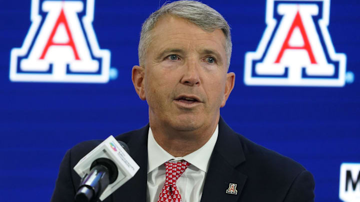 Jul 9, 2025; Frisco, TX, USA; Arizona head coach Brent Brennan speaks with the media during 2025 Big 12 Football Media Days at The Star. Mandatory Credit: Raymond Carlin III-Imagn Images