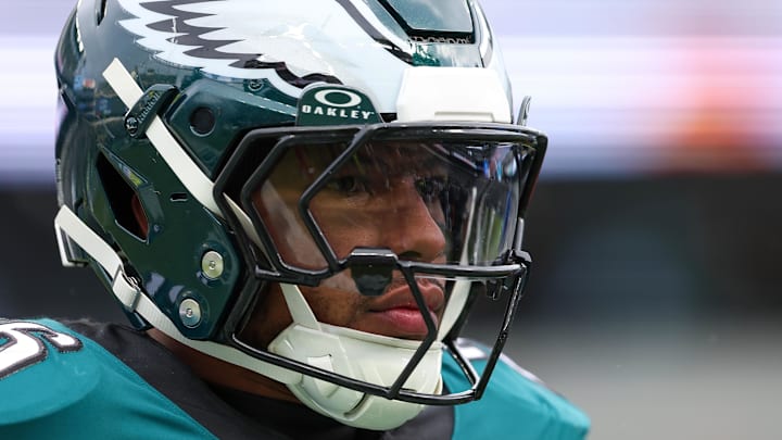 Dec 14, 2025; Philadelphia, Pennsylvania, USA; Philadelphia Eagles running back Saquon Barkley (26) looks on during the first quarter against the Las Vegas Raiders at Lincoln Financial Field. Mandatory Credit: Bill Streicher-Imagn Images Dec 14, 2025; Philadelphia, Pennsylvania, USA; Philadelphia Eagles running back Saquon Barkley (26) looks on during the first quarter against the Las Vegas Raiders at Lincoln Financial Field. Mandatory Credit: Bill Streicher-Imagn Images