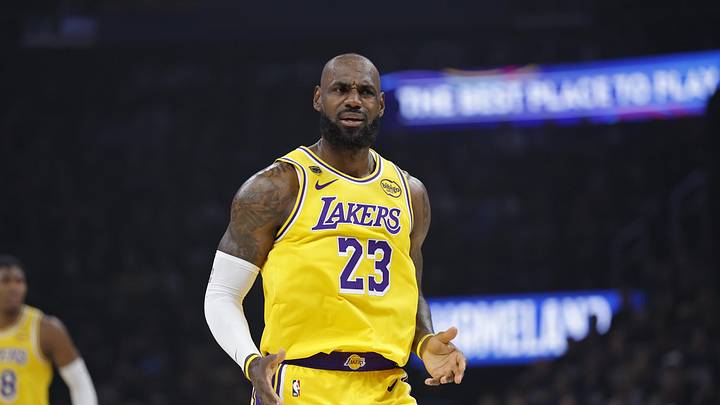 May 7, 2026; Oklahoma City, Oklahoma, USA; Los Angeles Lakers forward LeBron James (23) reacts after a play against the Oklahoma City Thunder in the first half during game two of the second round of the 2026 NBA Playoffs at Paycom Center. Mandatory Credit: Alonzo Adams-Imagn Images