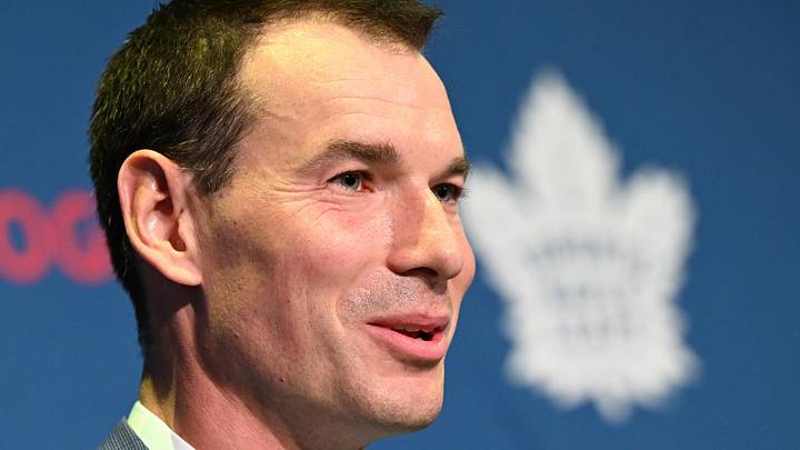 May 4, 2026; Toronto, Ontario, CANADA; Toronto Maple Leafs general manager John Chayka speaks to the media during an introductory news conference at Real Sports Bar. Mandatory Credit: Dan Hamilton-Imagn Images