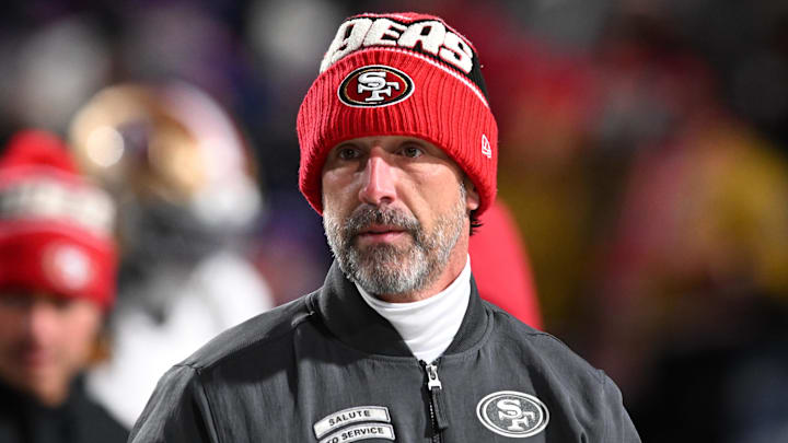 Dec 1, 2024; Orchard Park, New York, USA; San Francisco 49ers head coach Kyle Shanahan on the field before a game against the Buffalo Bills at Highmark Stadium. Mandatory Credit: Mark Konezny-Imagn Images Dec 1, 2024; Orchard Park, New York, USA; San Francisco 49ers head coach Kyle Shanahan on the field before a game against the Buffalo Bills at Highmark Stadium. Mandatory Credit: Mark Konezny-Imagn Images