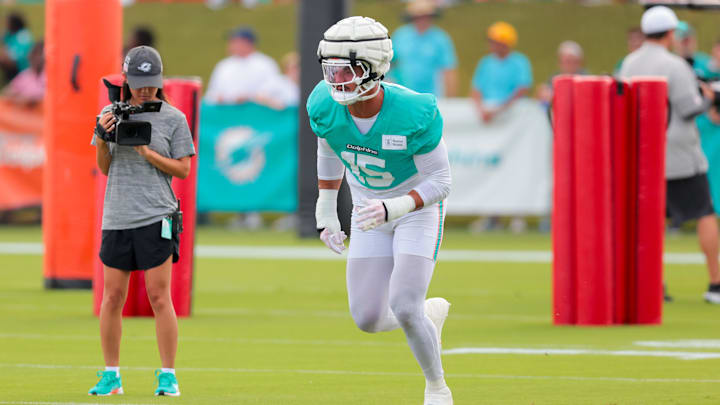 Miami Dolphins linebacker Jaelan Phillips (15) works during training camp at Baptist Health Training Complex. Miami Dolphins linebacker Jaelan Phillips (15) works during training camp at Baptist Health Training Complex.