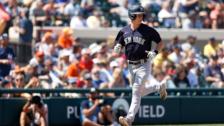 Mar 28, 2022; Lakeland, Florida, USA; New York Yankees second baseman Cooper Bowman (74) reacts after hitting a three run home run in the sixth inning during spring training at Publix Field at Joker Marchant Stadium. Mandatory Credit: Nathan Ray Seebeck-Imagn Images