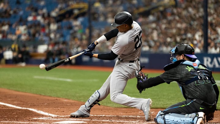May 11, 2024; St. Petersburg, Florida, USA; New York Yankees outfielder Juan Soto (22) hits the ball