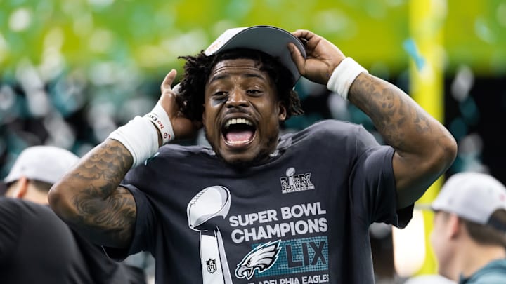 Philadelphia Eagles safety C.J. Gardner-Johnson celebrates after defeating the Kansas City Chiefs in Super Bowl LIX 