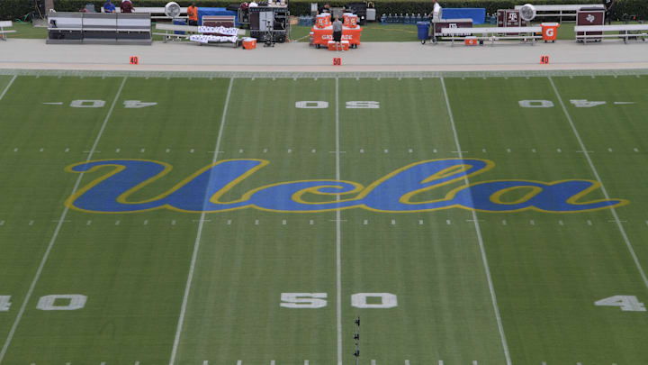 Sep 3, 2017; Pasadena, CA, USA; General overall view of the UCLA Bruins logo at midfield during a NCAA football game between the Texas A&M Aggies and the UCLA Bruinsat Rose Bowl. Mandatory Credit: Kirby Lee-Imagn Images