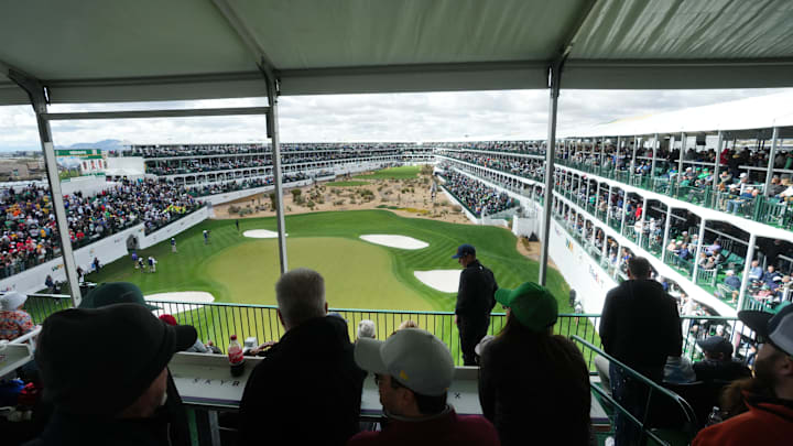 The view from behing the green at the famous 16th at TPC Scottsdale.