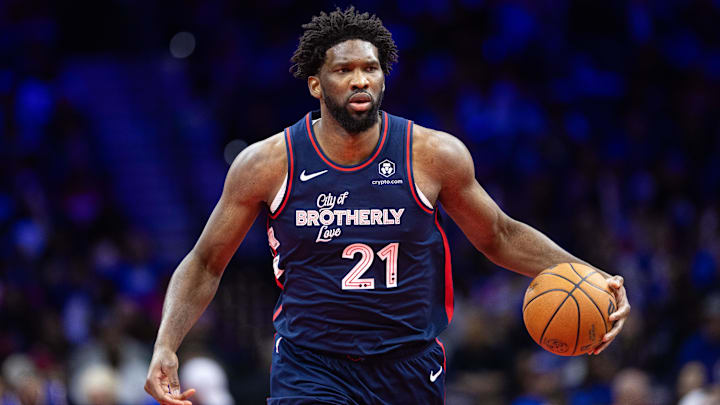 Nov 21, 2023; Philadelphia, Pennsylvania, USA; Philadelphia 76ers center Joel Embiid (21) in action against the Cleveland Cavaliers during the fourth quarter at Wells Fargo Center. Mandatory Credit: Bill Streicher-Imagn Images
