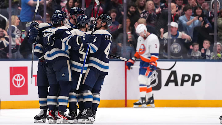 The Blue Jackets celebrate Ivan Provorov's late game-tying goal against the Islanders. The Blue Jackets celebrate Ivan Provorov's late game-tying goal against the Islanders.