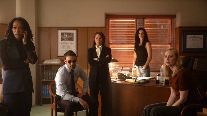 (L-R) Kirsten McDuffie (Nikki M. James), Matt Murdock/Daredevil (Charlie Cox) , Governor Marge McCaffery (Lili Taylor), Jessica Jones (Krysten Ritter) and Karen Page (Deborah Ann Woll) in Marvel Television's DAREDEVIL: BORN AGAIN SEASON 2, exclusively on Disney+. Photo by Jojo Whilden. © 2026 MARVEL.