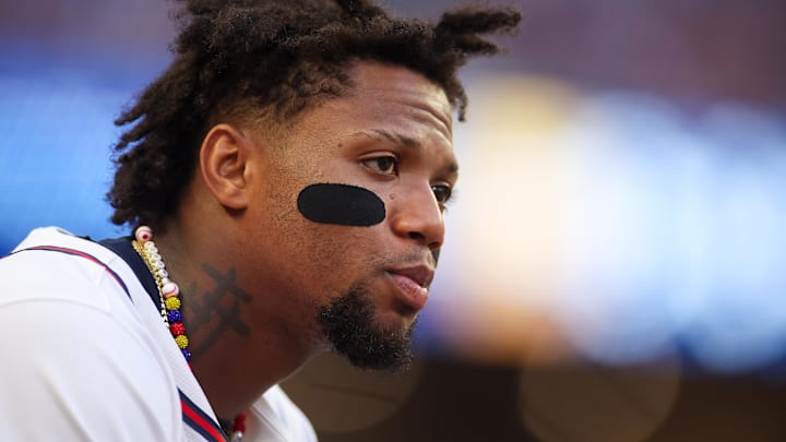  Atlanta Braves right fielder Ronald Acuna Jr. (13) in the dugout against the San Francisco Giants in the third inning at Truist Park.