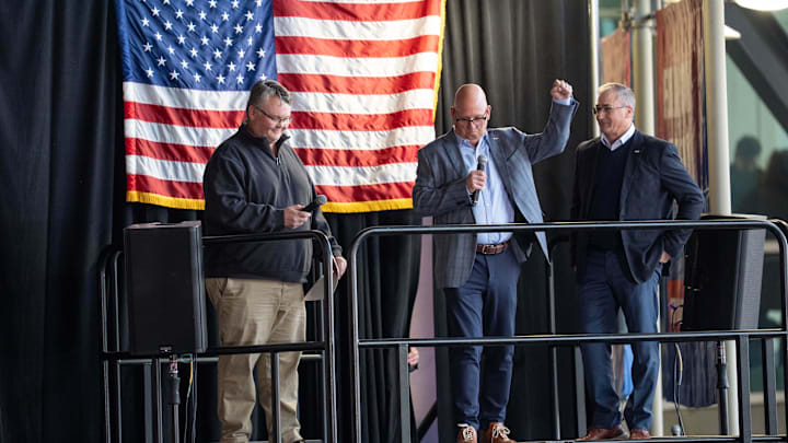 Apr 15, 2025; Saint Paul, Minnesota, USA; Prior to the game between the Minnesota Wild and Anaheim Ducks, Bob Motzko is announced as the head coach for the 2026 IIHF World Junior Hockey Championship by John Vanbiesbrouck (right). The ceremony was held at Xcel Energy Center. Mandatory Credit: Matt Blewett-Imagn Images Apr 15, 2025; Saint Paul, Minnesota, USA; Prior to the game between the Minnesota Wild and Anaheim Ducks, Bob Motzko is announced as the head coach for the 2026 IIHF World Junior Hockey Championship by John Vanbiesbrouck (right). The ceremony was held at Xcel Energy Center. Mandatory Credit: Matt Blewett-Imagn Images