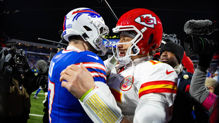 Jan 21, 2024; Orchard Park, New York, USA; Kansas City Chiefs quarterback Patrick Mahomes (15) greets Buffalo Bills quarterback Josh Allen (17) following the 2024 AFC divisional round game at Highmark Stadium. Mandatory Credit: Mark J. Rebilas-Imagn Images Jan 21, 2024; Orchard Park, New York, USA; Kansas City Chiefs quarterback Patrick Mahomes (15) greets Buffalo Bills quarterback Josh Allen (17) following the 2024 AFC divisional round game at Highmark Stadium. Mandatory Credit: Mark J. Rebilas-Imagn Images