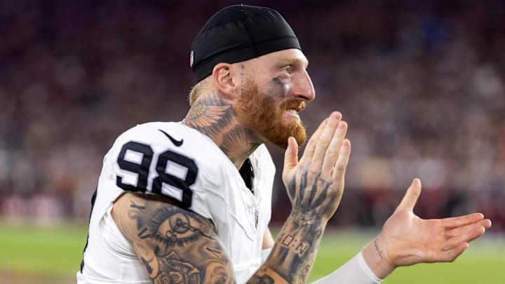 Las Vegas Raiders defensive end Maxx Crosby against the Arizona Cardinals during a preseason NFL game. Las Vegas Raiders defensive end Maxx Crosby against the Arizona Cardinals during a preseason NFL game.