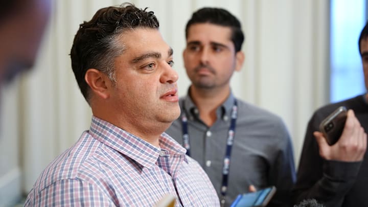 Nov 8, 2022; Las Vegas, NV, USA; Los Angeles Angels general manager Perry Minasian answers questions to the media during the MLB GM Meetings at The Conrad Las Vegas. Mandatory Credit: Lucas Peltier-Imagn Images