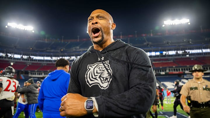 Tennessee State head coach Eddie George reacts after his win against Southeast Missouri State for the 2024 Big South-OVC Championship at Nissan Stadium in Nashville, Tenn., Saturday, Nov. 23, 2024. Tennessee State head coach Eddie George reacts after his win against Southeast Missouri State for the 2024 Big South-OVC Championship at Nissan Stadium in Nashville, Tenn., Saturday, Nov. 23, 2024.