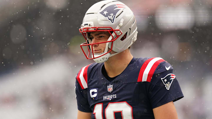 Dec 14, 2025; Foxborough, Massachusetts, USA; New England Patriots quarterback Drake Maye (10) warms up before the start of the game against the Buffalo Bills at Gillette Stadium.