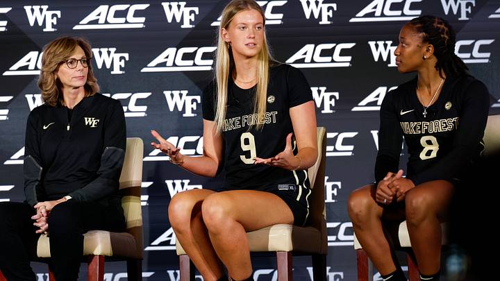 Wake Forest head coach Megan Gebbia, left, forward Opal Bird And guard Breauna Ware, right, at the 2026 ACC Tipoff in Charlotte, N.C., Monday, Oct. 5, 2026. (Nell Redmond/ACC Photo) Wake Forest head coach Megan Gebbia, left, forward Opal Bird And guard Breauna Ware, right, at the 2026 ACC Tipoff in Charlotte, N.C., Monday, Oct. 5, 2026. (Nell Redmond/ACC Photo)