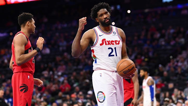 Feb 11, 2025; Philadelphia, Pennsylvania, USA; Philadelphia 76ers center Joel Embiid (21) reacts against the Toronto Raptors in the second quarter at Wells Fargo Center. Mandatory Credit: Kyle Ross-Imagn Images