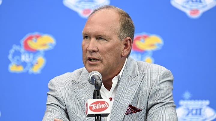 Jul 10, 2024; Las Vegas, NV, USA; Kansas Jayhawks head coach Lance Leipold speaks to the media during the Big 12 Media Days at Allegiant Stadium. Mandatory Credit: Candice Ward-Imagn Images