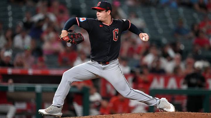 Aug 25, 2026: Cleveland Guardians pitcher Logan Allen (26) throws against the Los Angeles Angels at Angel Stadium. Credit: Kirby Lee-Imagn Images