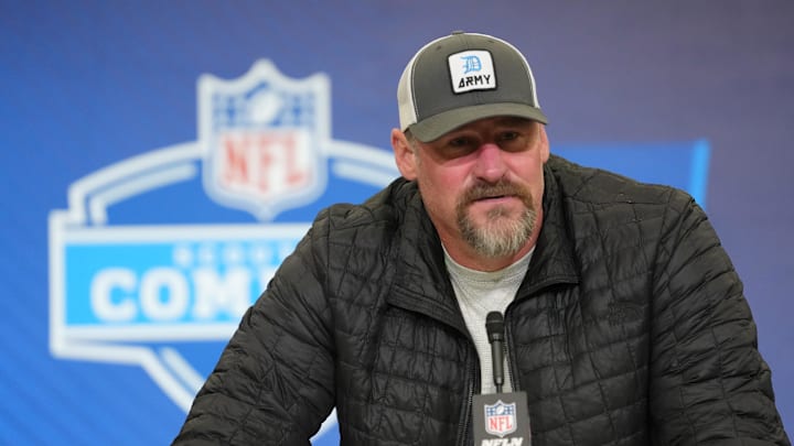 Feb 24, 2026; Indianapolis, IN, USA; Detroit Lions coach Dan Campbell speaks at the NFL Scouting Combine at the Indiana Convention Center. Mandatory Credit: Kirby Lee-Imagn Images Feb 24, 2026; Indianapolis, IN, USA; Detroit Lions coach Dan Campbell speaks at the NFL Scouting Combine at the Indiana Convention Center. Mandatory Credit: Kirby Lee-Imagn Images