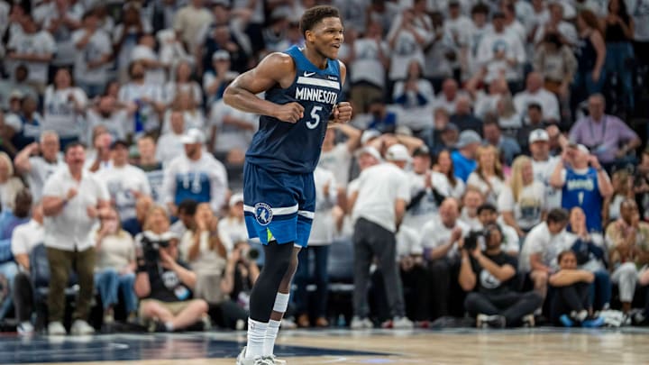 Minnesota Timberwolves guard Anthony Edwards reacts after making a shot against the Golden State Warriors in the first half during Game 5 of their Western Conference semifinal at Target Center in Minneapolis on May 14, 2025. 