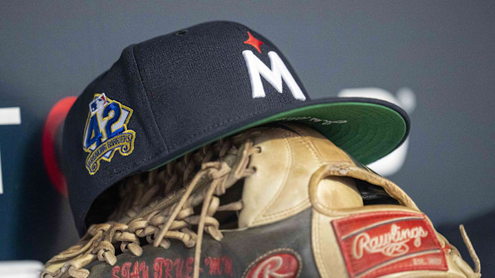 Apr 15, 2025; Minneapolis, Minnesota, USA; A general view of a Minnesota Twins hat with a Jackie Robinson logo stitched on the side of it against the New York Mets in the fourth inning at Target Field. All players wore #42 for Jackie Robinson Day Mandatory Credit: Jesse Johnson-Imagn Images