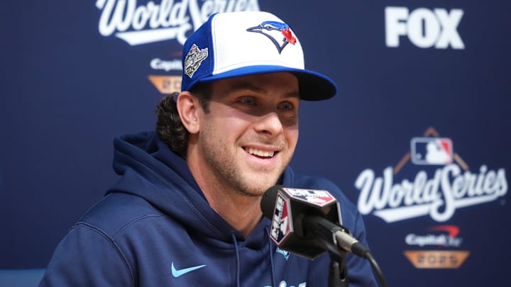 Oct 27, 2025; Los Angeles, California, USA; Toronto Blue Jays third baseman Ernie Clement (22) speaks in a press conference before game three of the 2025 MLB World Series against the Los Angeles Dodgers at Dodger Stadium. 