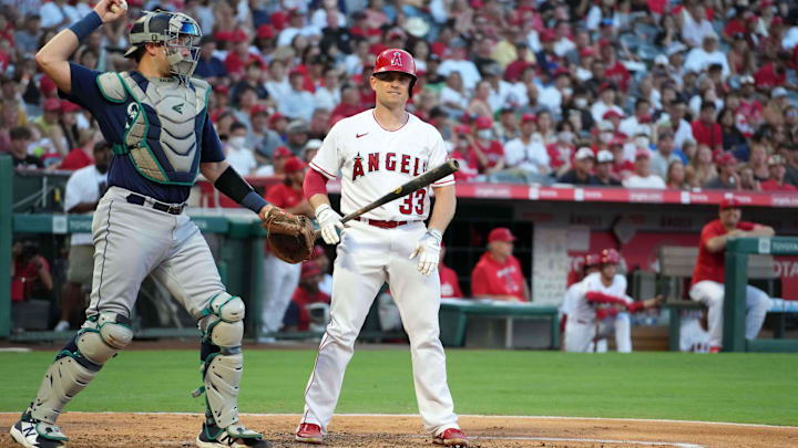 Aug 15, 2022; Anaheim, California, USA; Los Angeles Angels catcher Max Stassi (33) reacts after