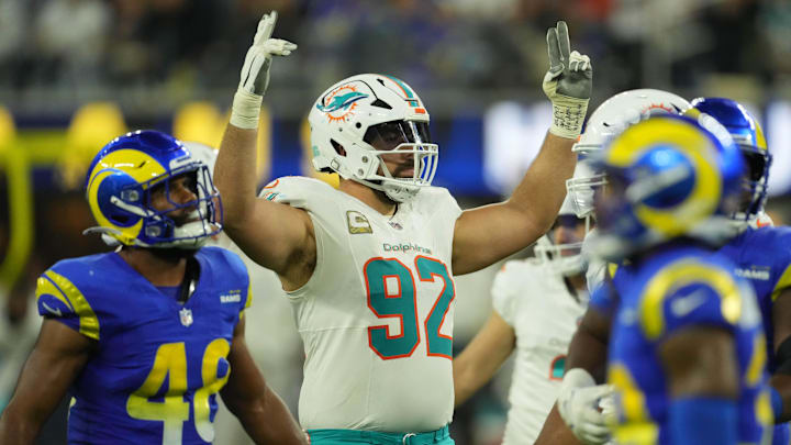 Miami Dolphins defensive tackle Zach Sieler (92) celebrates in the second half against the Los Angeles Rams at SoFi Stadium. 