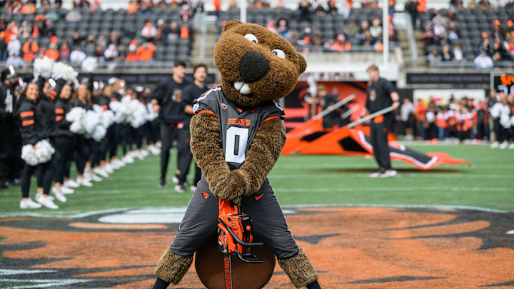 Oct 11, 2025; Corvallis, Oregon, USA; Oregon State Beavers mascot Benny Beaver on the field prior to the game against the Wake Forest Demon Deacons at Reser Stadium. Mandatory Credit: Craig Strobeck-Imagn Images Oct 11, 2025; Corvallis, Oregon, USA; Oregon State Beavers mascot Benny Beaver on the field prior to the game against the Wake Forest Demon Deacons at Reser Stadium. Mandatory Credit: Craig Strobeck-Imagn Images