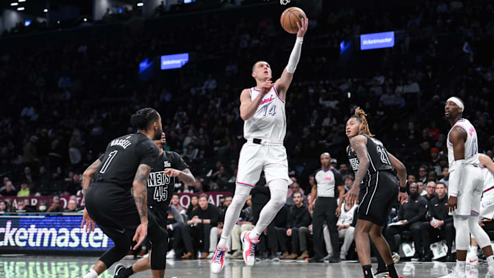 Jan 25, 2025; Brooklyn, New York, USA; Miami Heat guard Tyler Herro (14) drives to the basket while being defended by Brooklyn Nets guard Keon Johnson (45) during the first half at Barclays Center. Mandatory Credit: John Jones-Imagn Images Jan 25, 2025; Brooklyn, New York, USA; Miami Heat guard Tyler Herro (14) drives to the basket while being defended by Brooklyn Nets guard Keon Johnson (45) during the first half at Barclays Center. Mandatory Credit: John Jones-Imagn Images