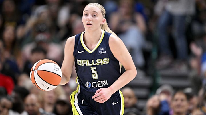 Jun 27, 2025; Dallas, Texas, USA; Dallas Wings guard Paige Bueckers (5) in action during the game between the Dallas Wings and the Indiana Fever at the American Airlines Center. Mandatory Credit: Jerome Miron-Imagn Images Jun 27, 2025; Dallas, Texas, USA; Dallas Wings guard Paige Bueckers (5) in action during the game between the Dallas Wings and the Indiana Fever at the American Airlines Center. Mandatory Credit: Jerome Miron-Imagn Images