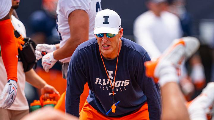 CHAMPAIGN, ILL. - August 08, 2026 - Defensive Coordinator Bobby Hauck during Fall Camp practice at Gies Memorial Stadium. (Photo by Aaron Quinn/Illinois Athletics) CHAMPAIGN, ILL. - August 08, 2026 - Defensive Coordinator Bobby Hauck during Fall Camp practice at Gies Memorial Stadium. (Photo by Aaron Quinn/Illinois Athletics)