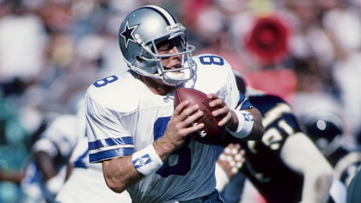 Dallas Cowboys quarterback Troy Aikman drops back to pass against the San Diego Chargers at Jack Murphy Stadium. Dallas Cowboys quarterback Troy Aikman drops back to pass against the San Diego Chargers at Jack Murphy Stadium.