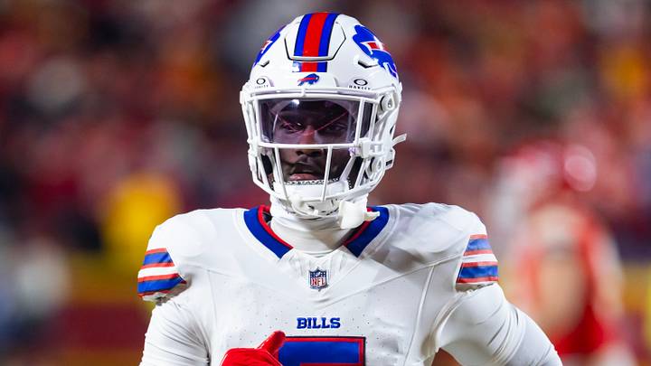 Jan 26, 2025; Kansas City, MO, USA; Buffalo Bills cornerback Kaiir Elam (5) against the Kansas City Chiefs during the AFC Championship Game Jan 26, 2025; Kansas City, MO, USA; Buffalo Bills cornerback Kaiir Elam (5) against the Kansas City Chiefs during the AFC Championship Game