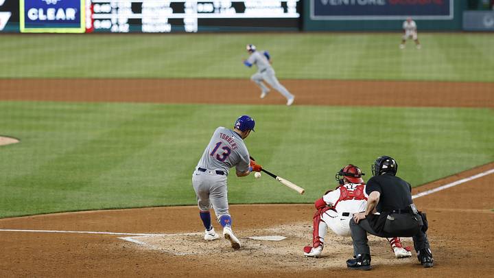 Jun 3, 2024; Washington, District of Columbia, USA; New York Mets catcher Luis Torrens (13) hits a two run double against the Washington Nationals during the fifth inning at Nationals Park. Mandatory Credit: Geoff Burke-USA TODAY Sports Jun 3, 2024; Washington, District of Columbia, USA; New York Mets catcher Luis Torrens (13) hits a two run double against the Washington Nationals during the fifth inning at Nationals Park. Mandatory Credit: Geoff Burke-USA TODAY Sports