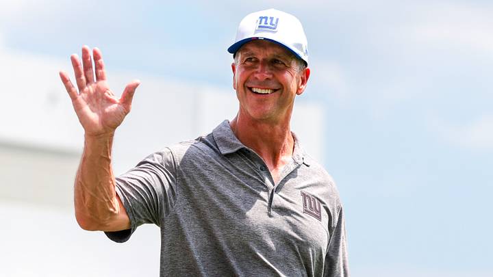 Aug 20, 2026; Miami Gardens, FL, USA; New York Giants head coach John Harbaugh reacts after joint practice with the Miami Dolphins at Baptist Health Training Complex. Aug 20, 2026; Miami Gardens, FL, USA; New York Giants head coach John Harbaugh reacts after joint practice with the Miami Dolphins at Baptist Health Training Complex.