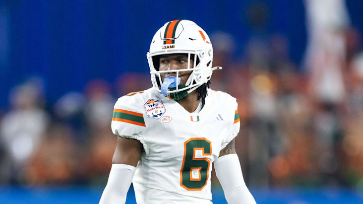 Jan 8, 2026; Glendale, AZ, USA; Miami Hurricanes defensive back Xavier Lucas (6) against the Mississippi Rebels during the 2026 Fiesta Bowl and semifinal game of the College Football Playoff at State Farm Stadium. Mandatory Credit: Mark J. Rebilas-Imagn Images