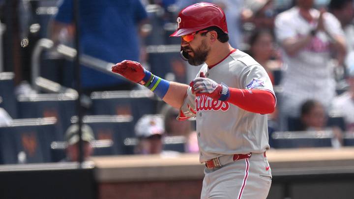 Philadelphia Phillies designated hitter Kyle Schwarber (12) reacts after hitting a two run home run.