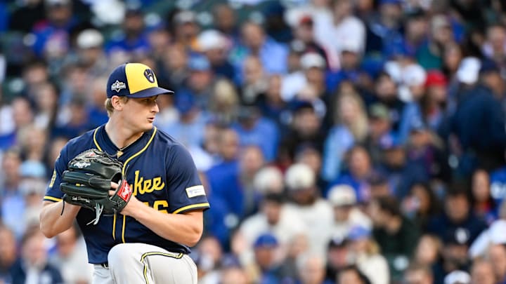 Oct 8, 2025; Chicago, Illinois, USA; Milwaukee Brewers pitcher Quinn Priester (46) throws a pitch against the Chicago Cubs in the first inning during game three of the NLDS round for the 2025 MLB playoffs at Wrigley Field. Mandatory Credit: Matt Marton-Imagn Images