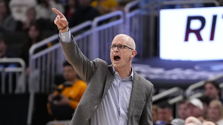 Mar 7, 2026; Milwaukee, Wisconsin, USA;  Connecticut Huskies head coach Dan Hurley calls out during the first half against the Marquette Golden Eagles at Fiserv Forum. Mandatory Credit: Jeff Hanisch-Imagn Images